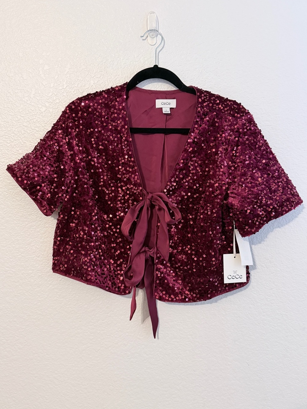 CeCe Wine Sequin Tie-Front Crop Top Size Medium
